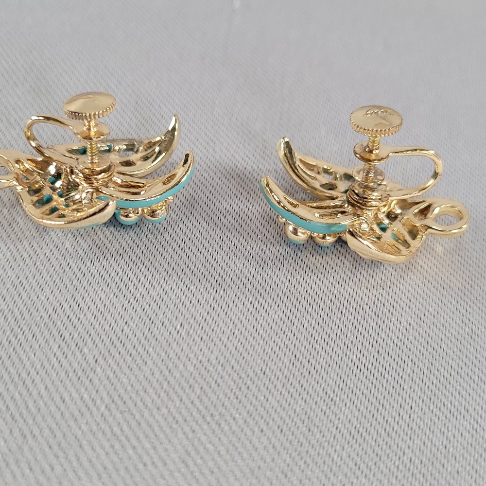 Coro Vintage Gold‎ Tone Earrings Turquoise Blue Enamel Leaf Screw Back - Picture 5 of 7